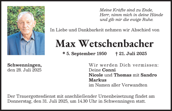Traueranzeige von Max Wetschenbacher von Donau Zeitung