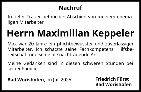 Traueranzeige von Maximilian Keppeler von Mindelheimer Zeitung