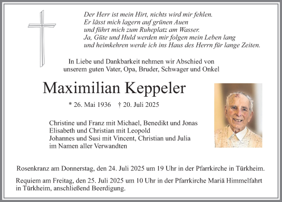 Traueranzeige von Maximilian Keppeler von Mindelheimer Zeitung