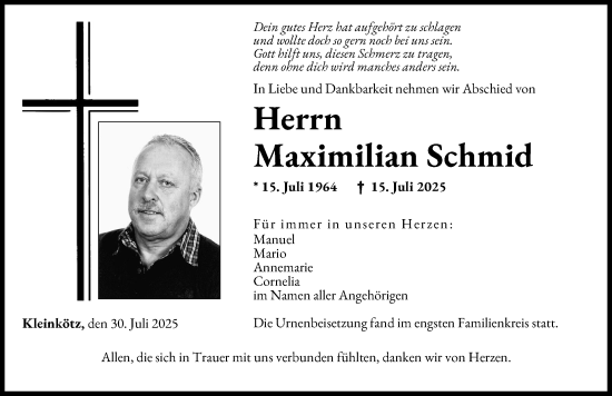 Traueranzeige von Maximilian Schmid von Günzburger Zeitung