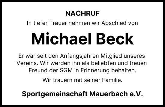 Traueranzeige von Michael Beck von Aichacher Nachrichten