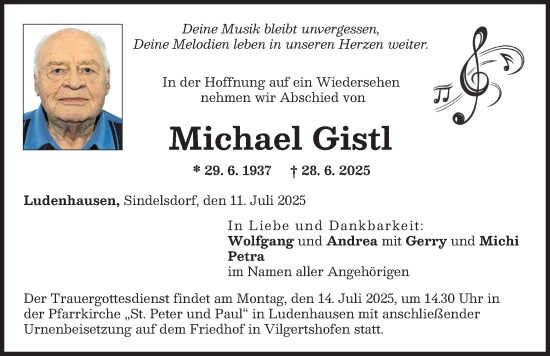 Traueranzeige von Michael Gistl von Landsberger Tagblatt