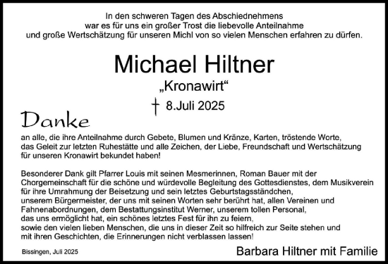 Traueranzeige von Michael Hiltner von Donau Zeitung