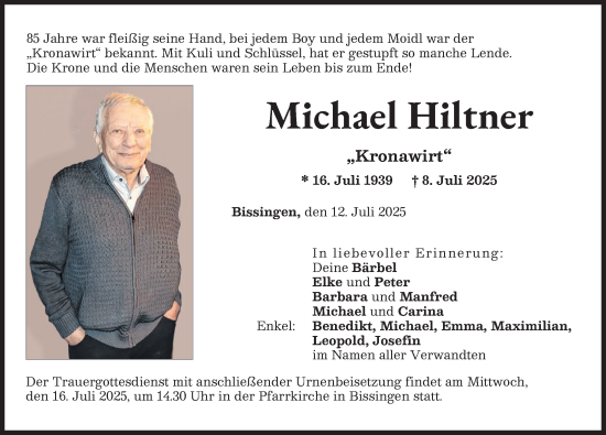 Traueranzeige von Michael Hiltner von Donau Zeitung, Donauwörther Zeitung, Rieser Nachrichten