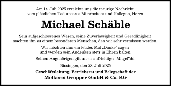 Traueranzeige von Michael Schäble von Rieser Nachrichten, Donau Zeitung