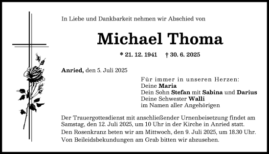 Traueranzeige von Michael Thoma von Augsburger Allgemeine