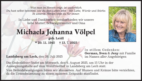 Traueranzeige von Michaela Johanna Völpel von Landsberger Tagblatt