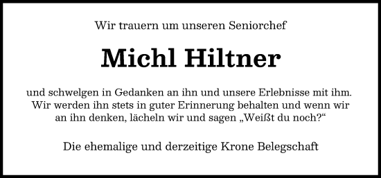 Traueranzeige von Michl Hiltner von Donau Zeitung