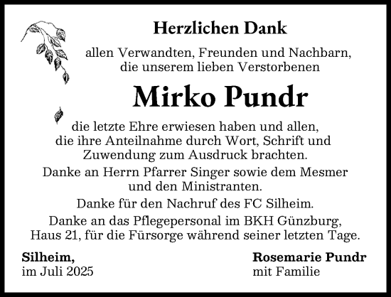 Traueranzeige von Mirko Pundr von Neu-Ulmer Zeitung, Günzburger Zeitung