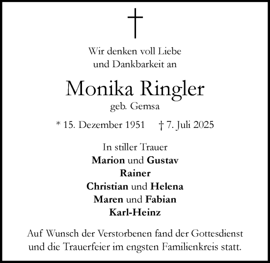 Traueranzeige von Monika Ringler von Mittelschwäbische Nachrichten