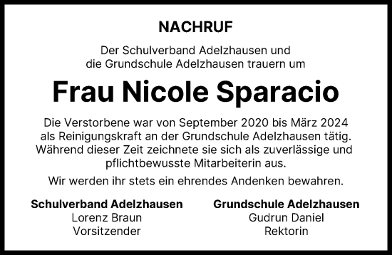 Traueranzeige von Nicole Sparacio von Aichacher Nachrichten