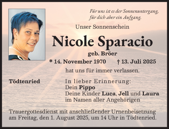 Traueranzeige von Nicole Sparacio von Aichacher Nachrichten