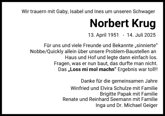 Traueranzeige von Norbert Krug von Donauwörther Zeitung