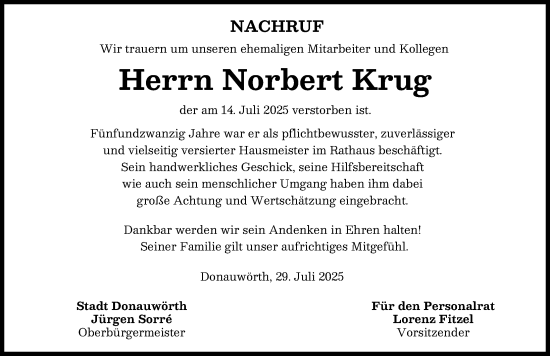 Traueranzeige von Norbert Krug von Donauwörther Zeitung