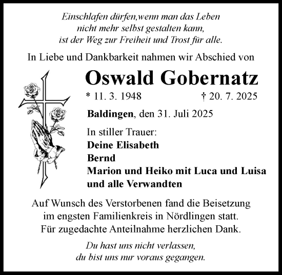 Traueranzeige von Oswald Gobernatz von Rieser Nachrichten