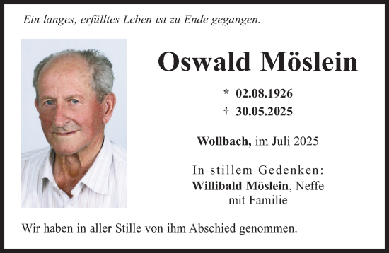Traueranzeige von Oswald Möslein von Augsburg-Land