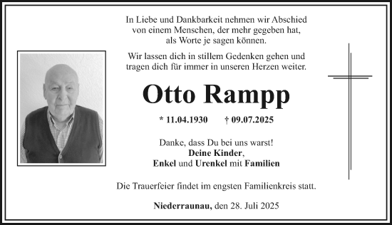 Traueranzeige von Otto Rampp von Mittelschwäbische Nachrichten