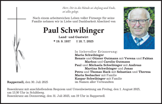 Traueranzeige von Paul Schwibinger von Aichacher Nachrichten