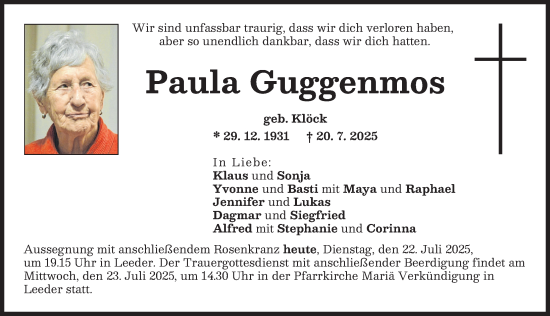 Traueranzeige von Paula Guggenmos von Landsberger Tagblatt