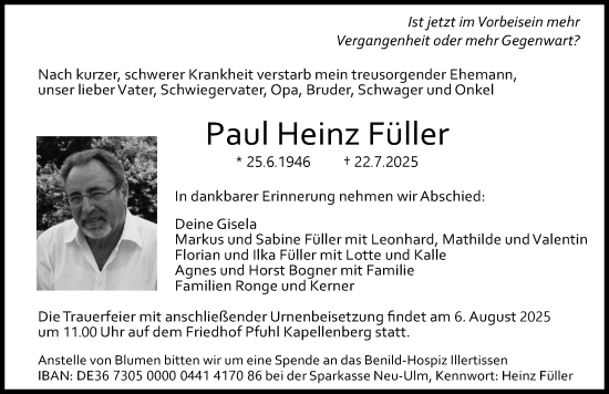 Traueranzeige von Paul Heinz Füller von Neu-Ulmer Zeitung, Augsburger Allgemeine