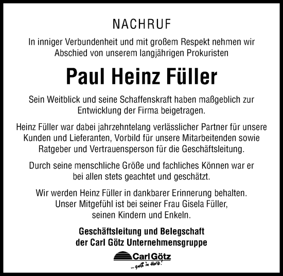 Traueranzeige von Paul Heinz Füller von Neu-Ulmer Zeitung