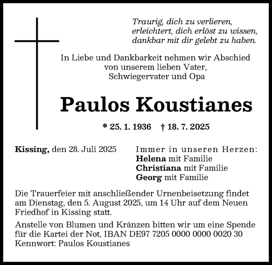 Traueranzeige von Paulos Koustianes von Friedberger Allgemeine