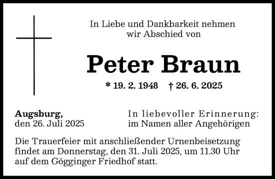 Traueranzeige von Peter Braun von Augsburger Allgemeine