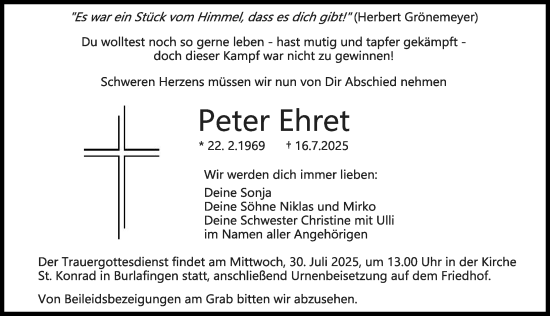 Traueranzeige von Peter Ehret von Neu-Ulmer Zeitung, Augsburger Allgemeine