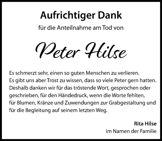 Traueranzeige von Peter Hilse von Friedberger Allgemeine
