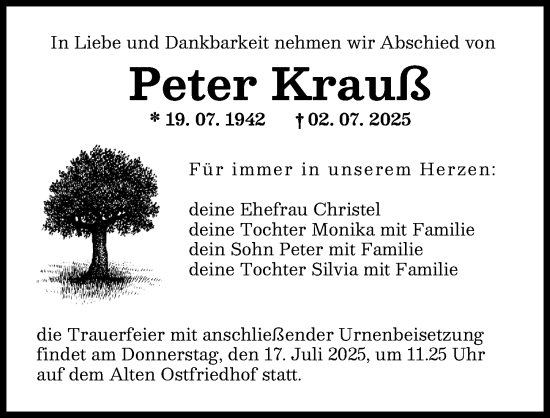 Traueranzeige von Peter Krauß von Augsburger Allgemeine