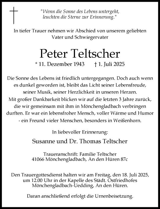 Traueranzeige von Peter Teltscher von Neu-Ulmer Zeitung