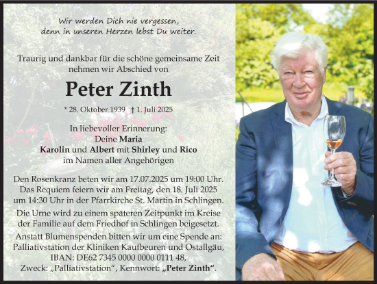 Traueranzeige von Peter Zinth von Mindelheimer Zeitung