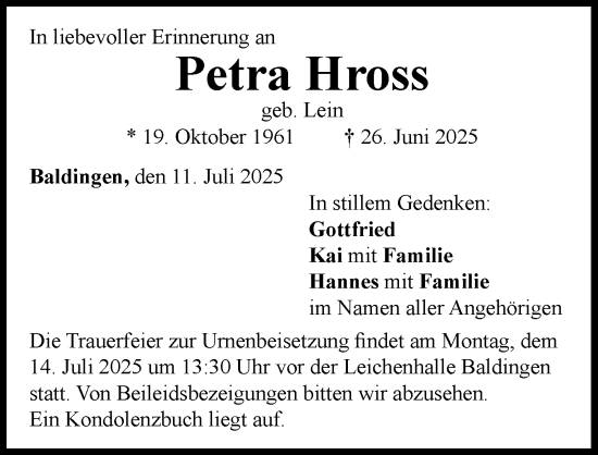 Traueranzeige von Petra Hross von Rieser Nachrichten