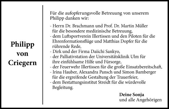 Traueranzeige von Philipp von Criegern von Illertisser Zeitung