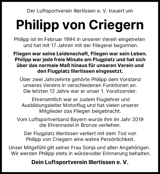 Traueranzeige von Philipp von Criegern von Illertisser Zeitung