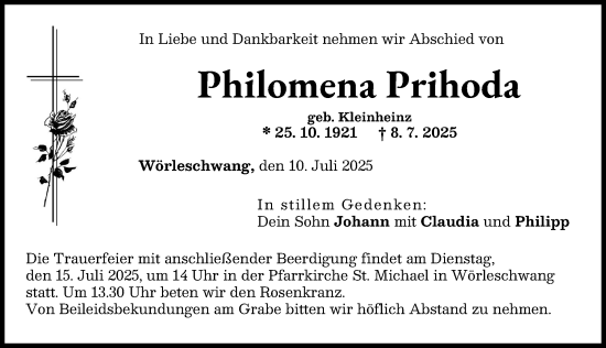 Traueranzeige von Philomena Prihoda von Augsburg-Land