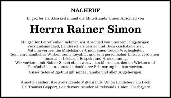 Traueranzeige von Rainer Simon von Landsberger Tagblatt