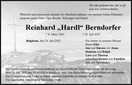 Traueranzeige von Reinhard Berndorfer von Rieser Nachrichten