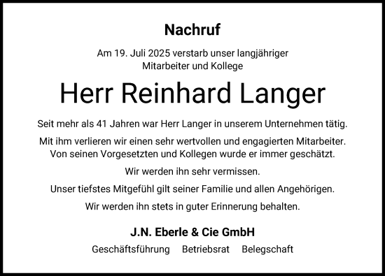 Traueranzeige von Reinhard Langer von Augsburger Allgemeine