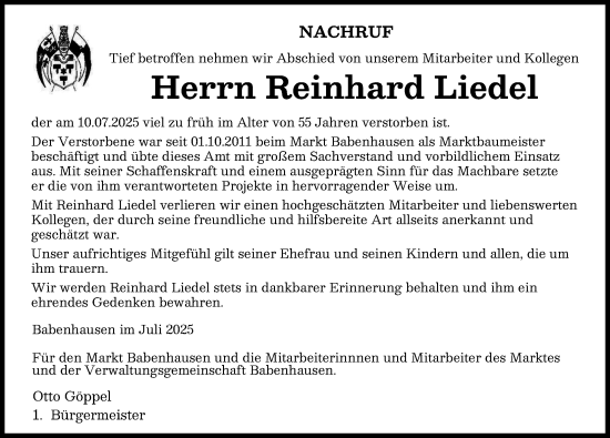 Traueranzeige von Reinhard Liedel von Illertisser Zeitung