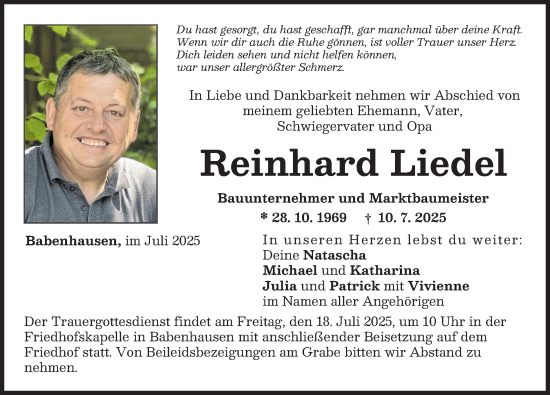 Traueranzeige von Reinhard Liedel von Illertisser Zeitung