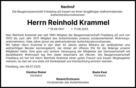Traueranzeige von Reinhold Krammel von Friedberger Allgemeine