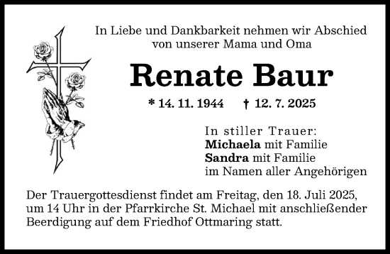 Traueranzeige von Renate Baur von Friedberger Allgemeine