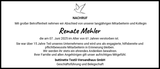 Traueranzeige von Renate Mehler von Wertinger Zeitung