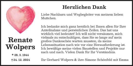 Traueranzeige von Renate Wolpers von Augsburger Allgemeine