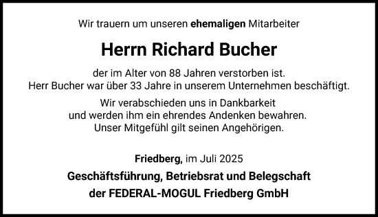 Traueranzeige von Richard Bucher von Friedberger Allgemeine