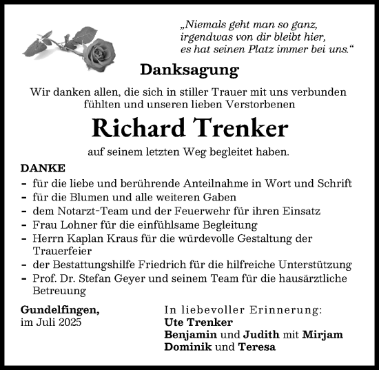 Traueranzeige von Richard Trenker von Donau Zeitung
