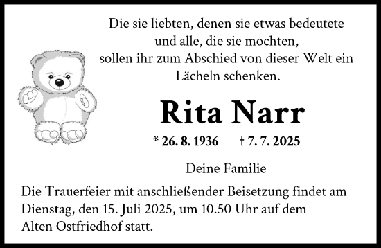 Traueranzeige von Rita Narr von Augsburger Allgemeine