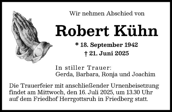 Traueranzeige von Robert Kühn von Augsburger Allgemeine, Friedberger Allgemeine, Augsburg-Land