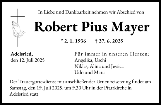 Traueranzeige von Robert Pius Mayer von Augsburg-Land